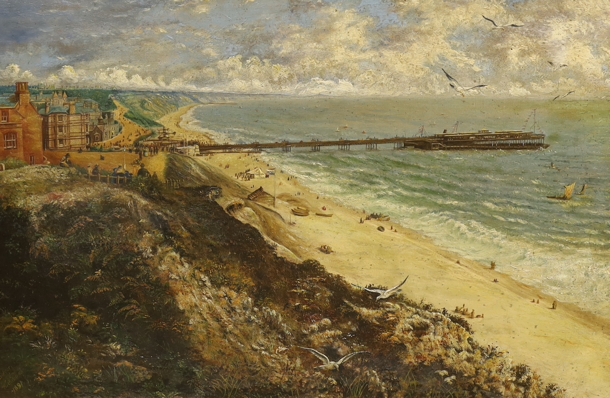 W. Bridger, late 19th century oil on canvas, 'Coastal scene with pier', signed and inscribed ‘Richmond’, 64 x 42cm